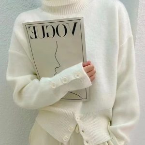 Turtleneck Button Ribbed Knit Sweater White Casual Knitwear