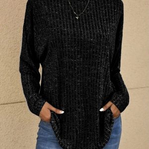 Oversized Crew Neck Ribbed Knit Sweater Black & Pink Everyday Top